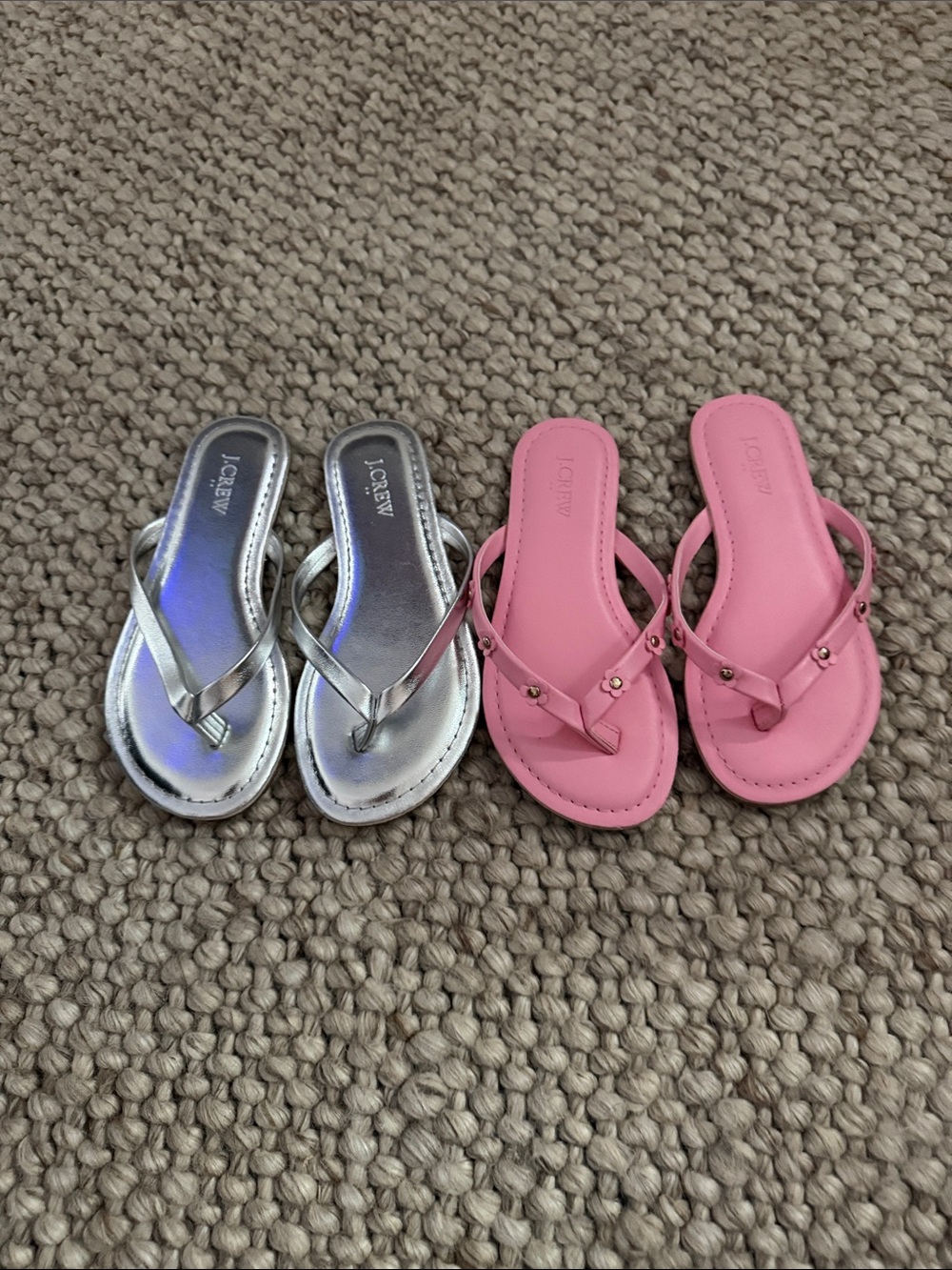 2 pair J. Crew Kids Metallic Silver and Pink Flip Flop Sandals like new